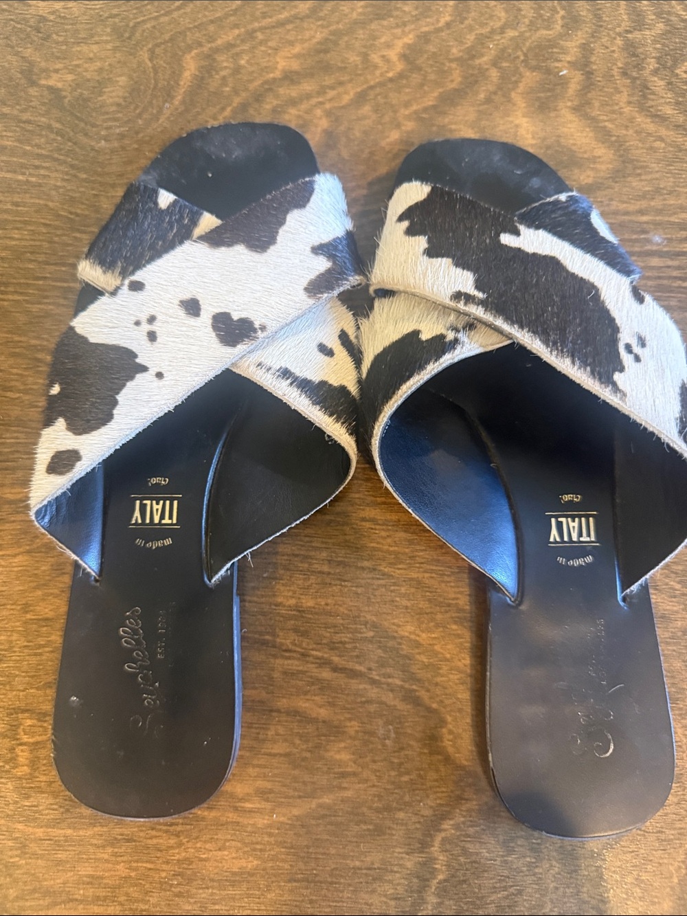 Seychelles Cross-Strap Slide Sandals in Black & White Cowhide